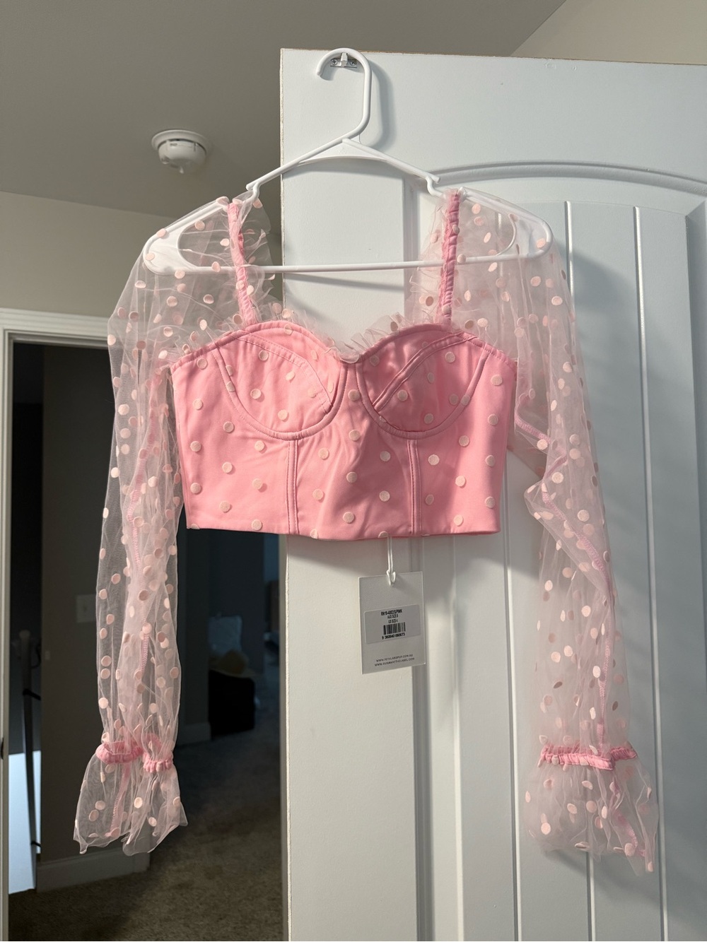 Pink Polka Dot Mesh Sleeve Bustier Crop Top